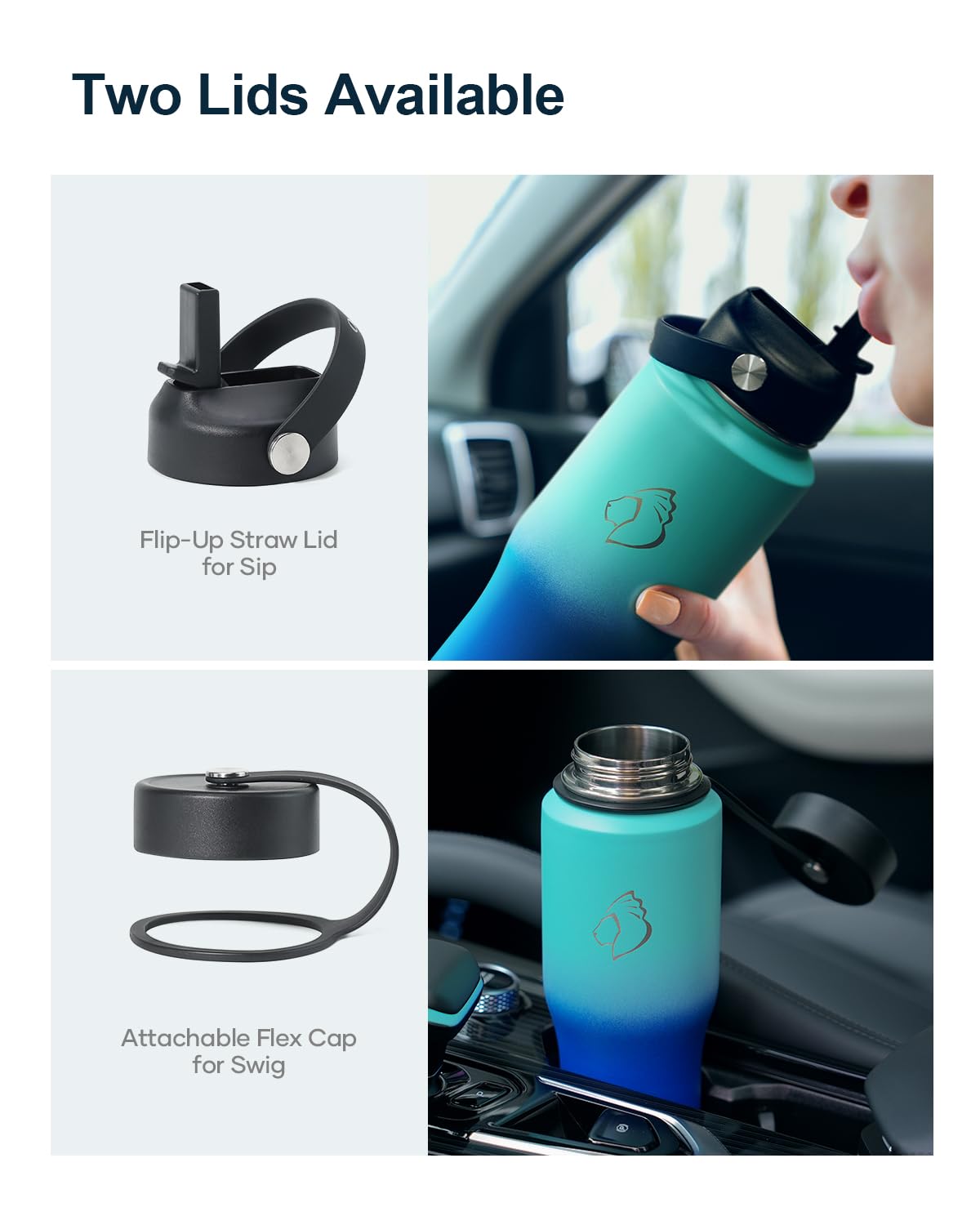 Buzio Insulated Water Bottle Fits In Cup Holder, Double Wall Vacuum Insulated Tumbler With Straw Lid, Stainless Steel Leak-Proof